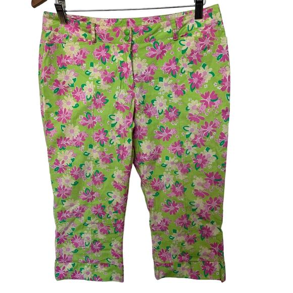 Lilly Pulitzer VTG Daisy Floral Mid Rise Capri Pants Cuff Pockets Green Sz 4 - Picture 7 of 7